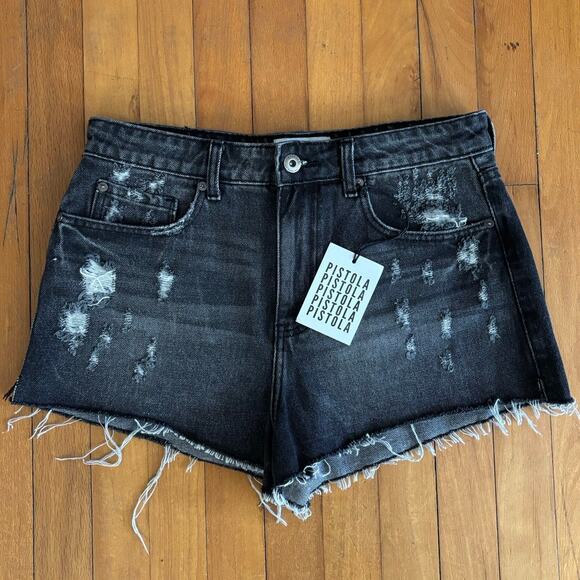 NEW Pistola Size 29 Nova Relaxed High Rise Cut Off Denim Jean Shorts Black - Picture 1 of 7